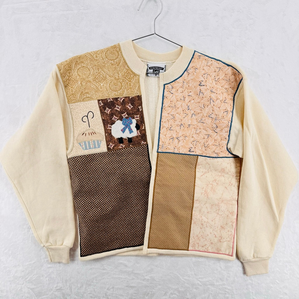 Upcycled Patchwork Sweatshirt Lamb Cupcake Vintage Lee Storybook Made in USA